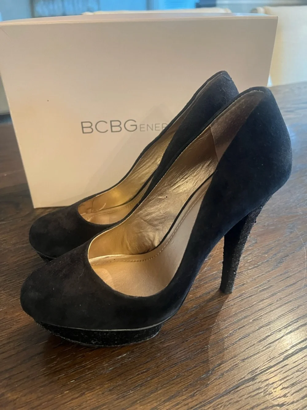 BCBG Black Suede Classic Round-Toe Pumps